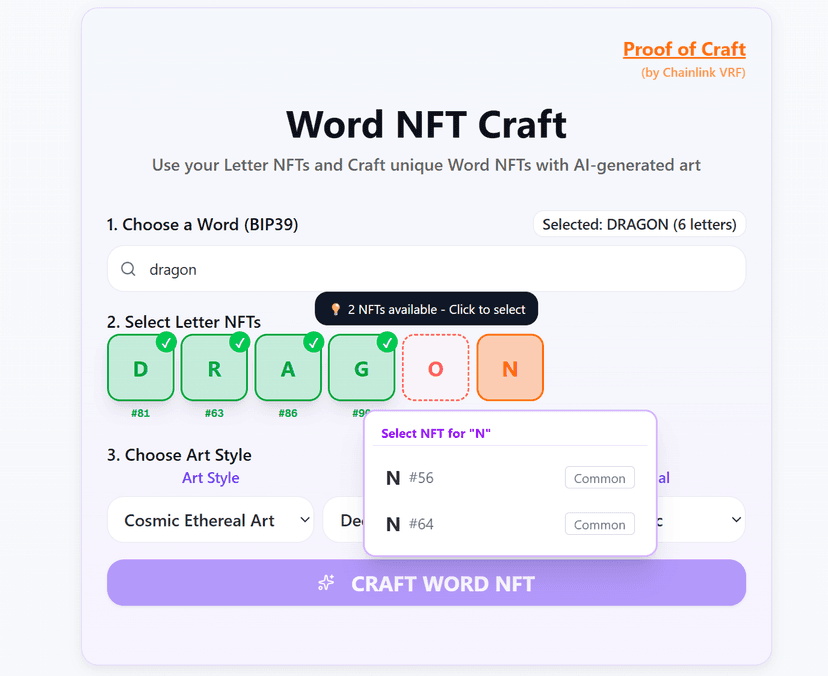 Select Letter NFTs for crafting