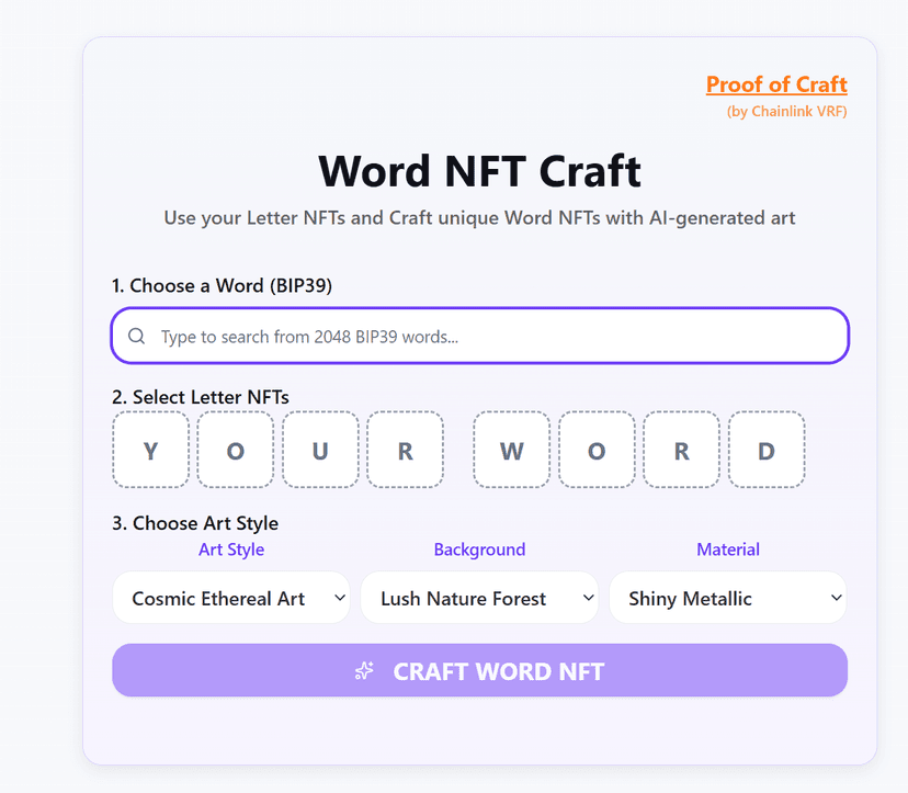 Word NFT Craft section - choose word